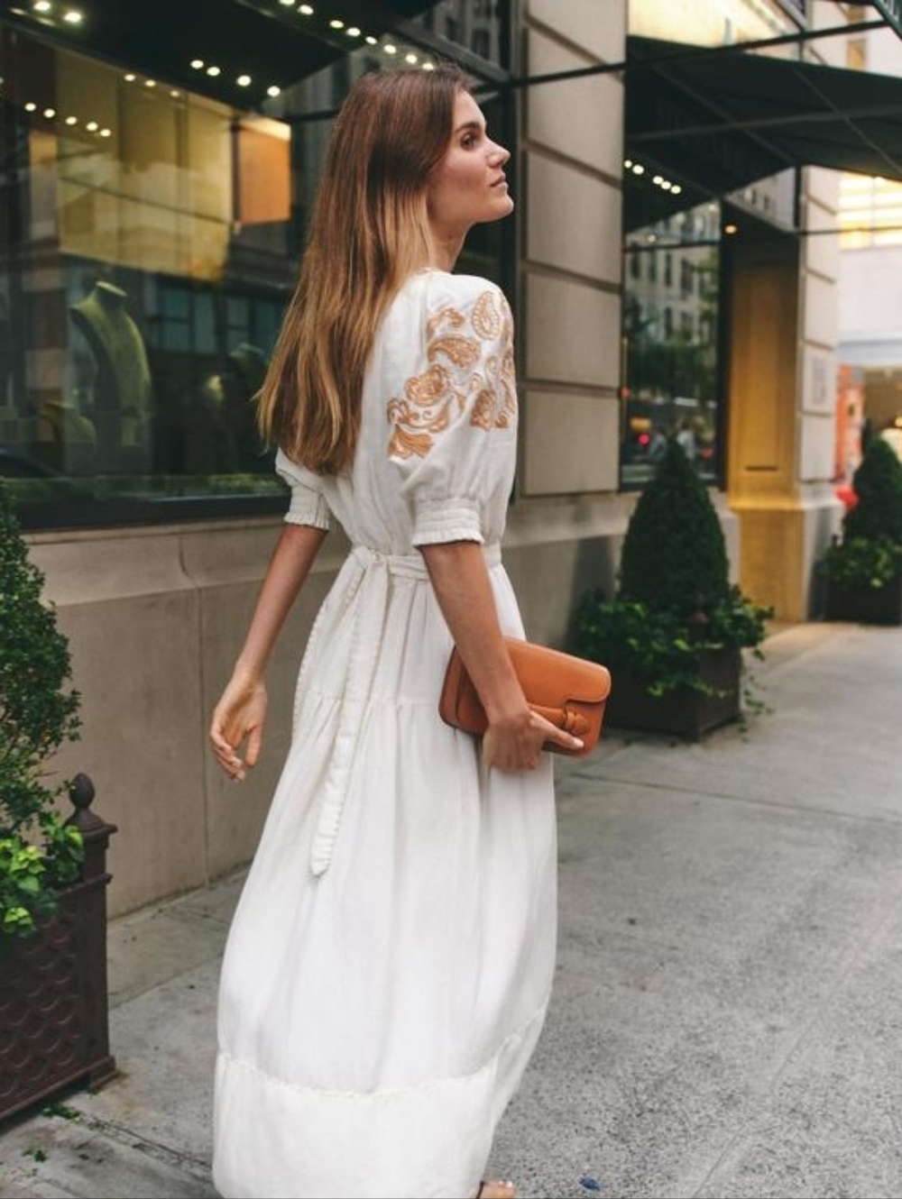Cartolina Lizette Linen Blend Embroidered Belted Puff Sleeve Ivory Midi Dress M - Picture 3 of 16